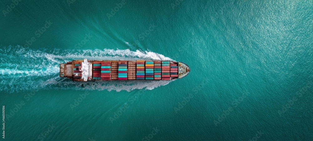 Fototapeta premium The container ship steaming through turquoise ocean with colorful stacked cargo containers