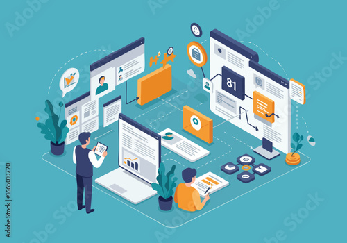 Isometric Illustration of Content Management System and Teamwork