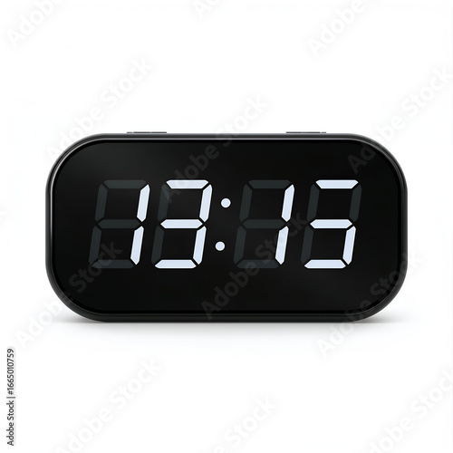 Digital desk clock glossy black plastic with LED display isolated on pure white photorealistic background
