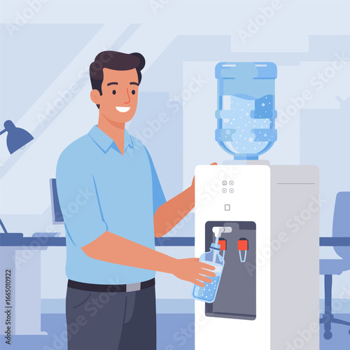 Smiling man get water in cooler in office. Male pour clean still aqua from dispenser at workplace