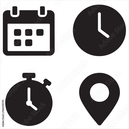 Date, time and address icon set vector silhouette