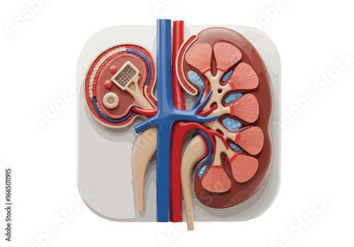 Human Kidney Anatomy Model Detailed Cross Section View for Medical Education