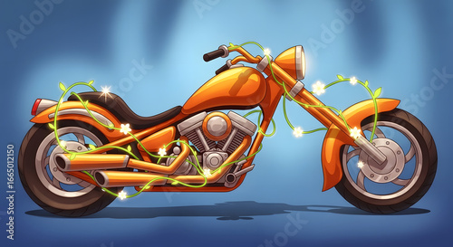 Illustrative artwork of a vintage motorcycle in a vibrant orange hue adorned with delicate floral vines conveying a sense of freedom adventure and ecological harmony depicting the open road