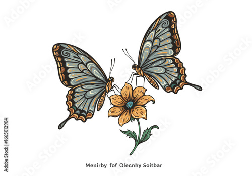 Two Butterflies on a Flower Nature Illustration