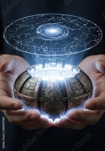 Hands holding a glowing, intricate futuristic device projecting a complex holographic star map or data display