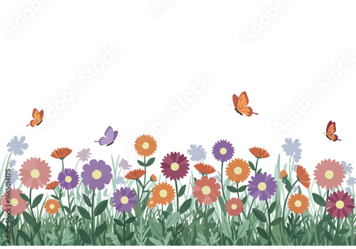 Vibrant Wildflowers and Butterflies Meadow Spring Nature Background