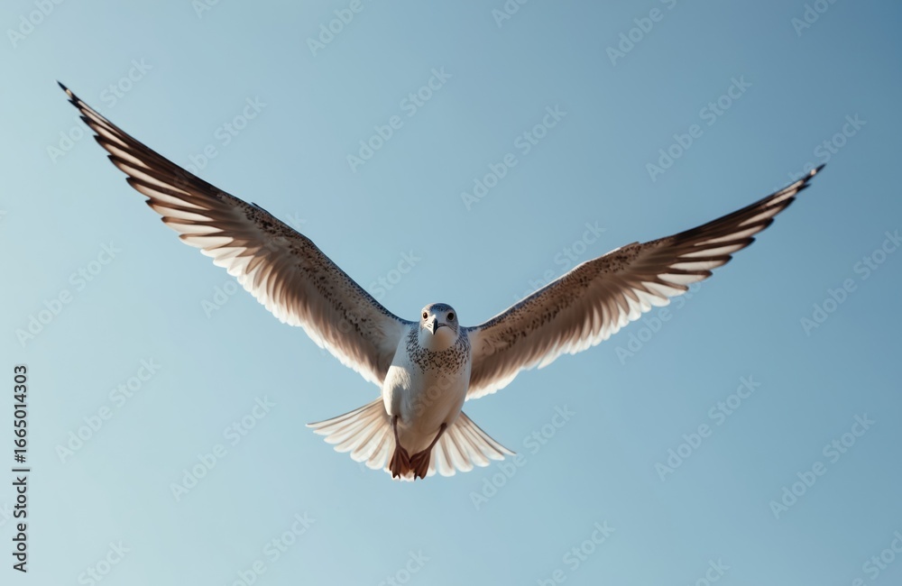 Fototapeta premium Seagull soars against a clear blue sky. Bird spreads wings wide in flight. Ornithology nature photography. Seabird wildlife freedom concept. Flying high above ocean. Marine life, coastal birds.