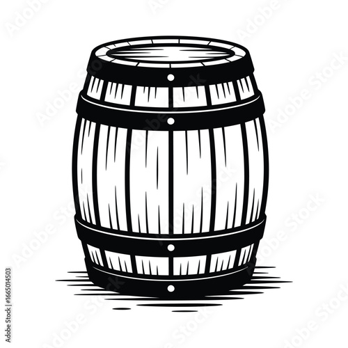 Black and white illustration of a wooden barrel vintage