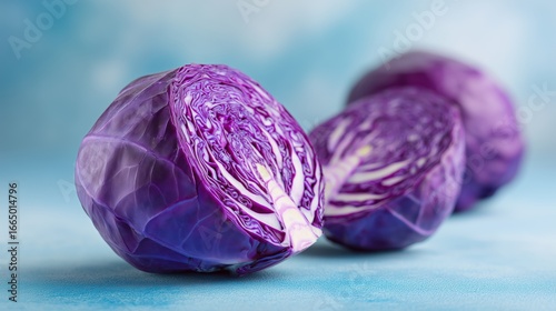 Raw Purple Cabbage Halves on Blue Background for Culinary, Health, and Design Projects