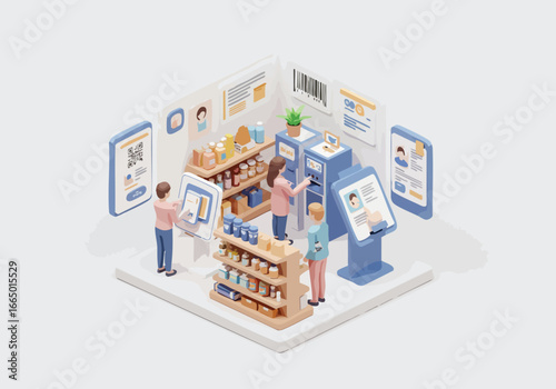Isometric Illustration of a Modern Grocery Store with Digital Kiosks and Mobile Payment