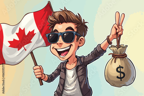 Happy Canadian Man Holding Money Bag and Flag Cartoon Illustration