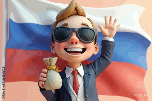 Smiling Cartoon Businessman Holding Money Bag Against Russian Flag Background
