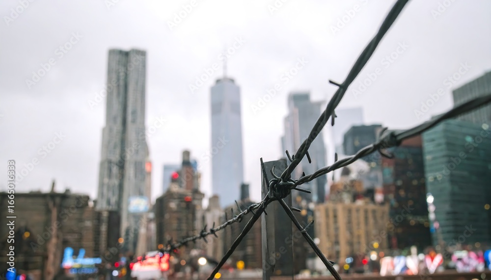 Fototapeta premium Close-up view of barbed wire fence against a blurred backdrop of tall city buildings, evoking a sense of confinement and urban landscape.
