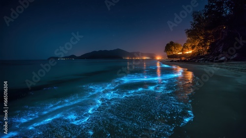 Bioluminescent Beach Night Scene, Tropical Coastline