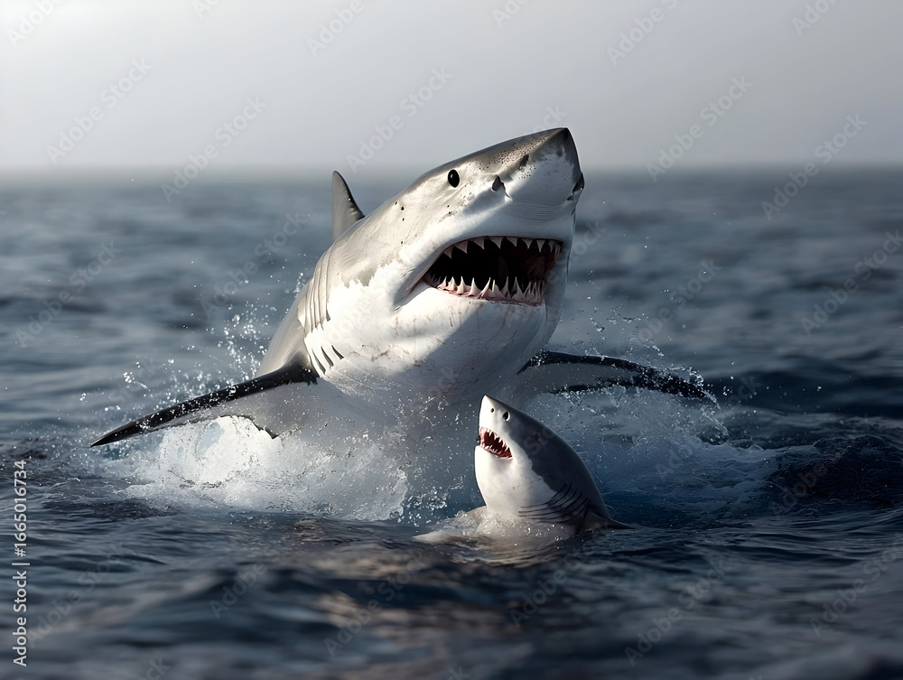 Fototapeta premium Two White Sharks Jumping in Ocean Water