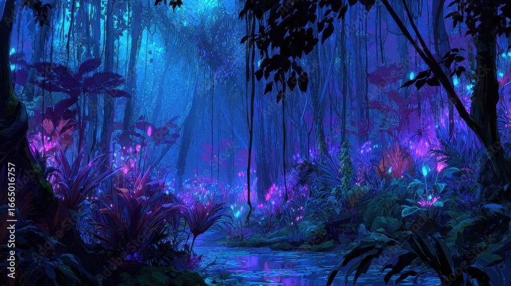 Obraz premium Bioluminescent Rainforest River at Night, Fantasy Background