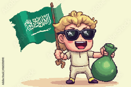 Cartoon character holding a Saudi Arabia flag and a bag of money, wearing sunglasses.