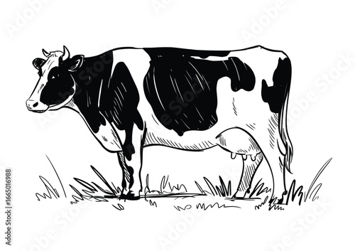 Black and white sketch of a Holstein cow standing in grass