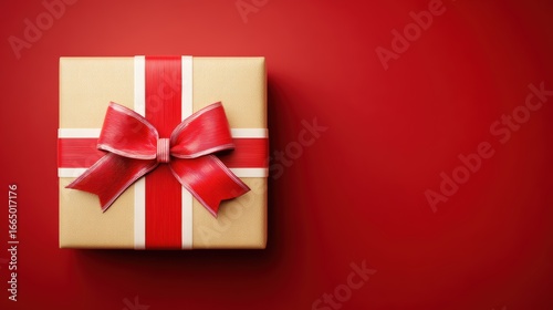 Red gift box with ribbon bow flat lay top view, red and white color scheme, high-resolution professional photography Christmas theme and celebration mood