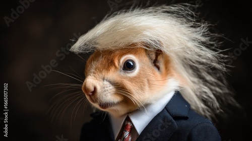 Squirrel in suit, comical Trump-style hair