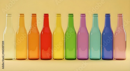 Row of Colorful Glass Bottles in Vibrant Rainbow Colors on Yellow Background