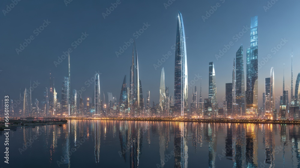Obraz premium Future Cityscape Reflecting on Water at Dusk. Use Urban planning, development ideas