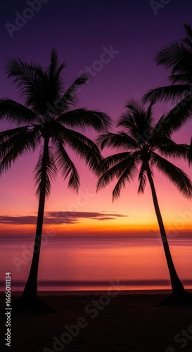 Vibrant sunset over the ocean with silhouetted palm trees on a tropical beach
