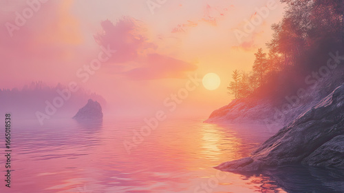 Sunset and sunrise over the ocean with colorful sky clouds and beach horizon AI Generative