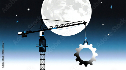Modern construction crane placing gear against moonlit night sky, symbolizing innovation and engineering precision, perfect for technology or industrial concepts