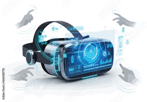 Futuristic virtual reality headset with interactive digital interface and hand gesture controls.