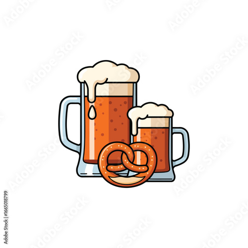 Two mugs of beer with frothy foam and a pretzel in the middle.