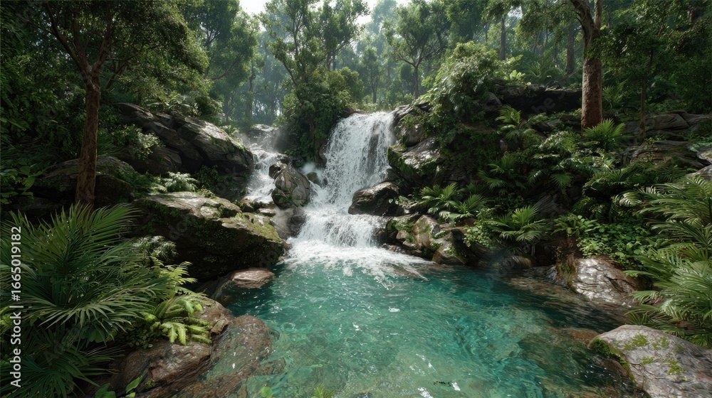 Fototapeta premium Lush waterfall cascading into a tranquil pool in a dense tropical forest
