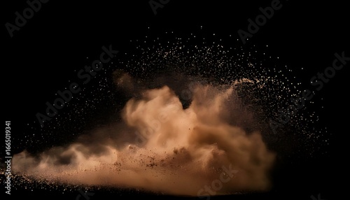 A cloud of tan dust explodes against a black background