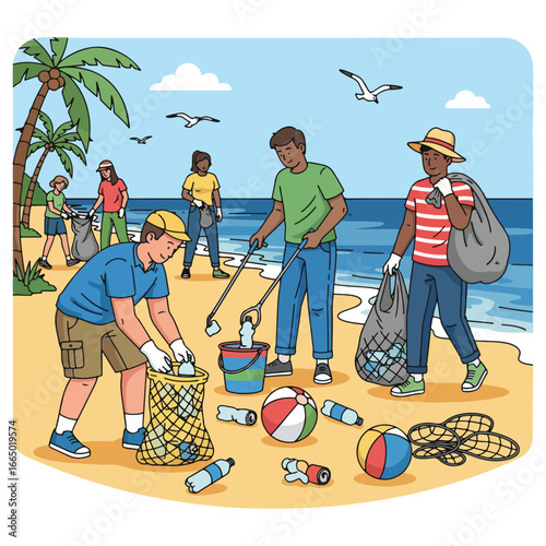 Volunteers collect trash on a sunny beach, working to clean up the coastline and ocean.