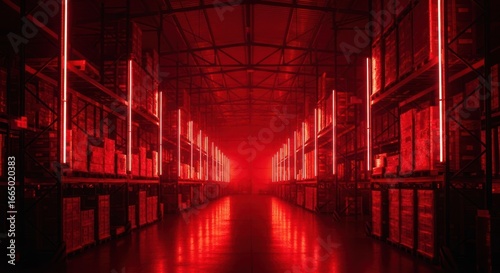 Futuristic Red Neon Lit Library Corridor with Symmetrical Shelves and Glowing Reflections.
