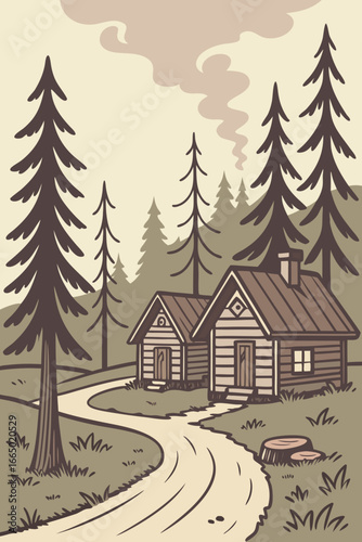 Rustic log cabins nestled in a serene forest landscape, perfect for nature retreats and peaceful getaways, evoking a sense of cozy tranquility