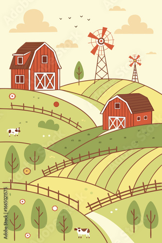 Charming countryside scenery with red barns, rolling hills, and grazing cows, evoking a sense of peaceful rural life, perfect for family and farming themes