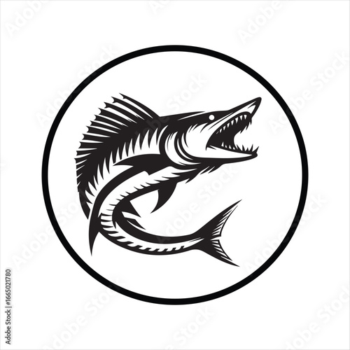Black and white barracuda fish logo inside circle predator
