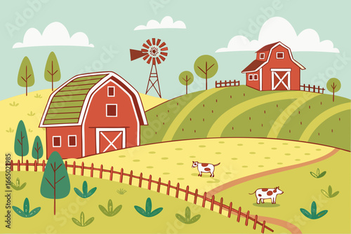 Wallpaper Mural Charming countryside scene with rolling hills, barns, and grazing cows, perfect for children's illustrations and rural-themed designs with a nostalgic feel Torontodigital.ca