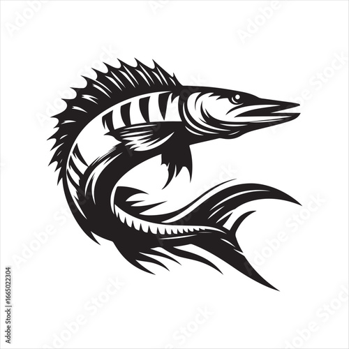 Black barracuda fish in tribal style illustration black and white