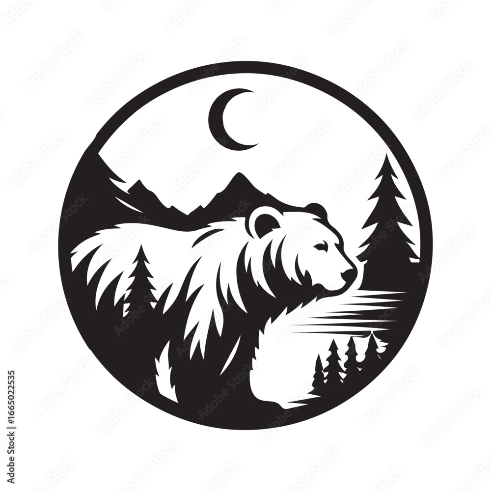 Fototapeta premium Black bear in circular forest landscape with crescent moon