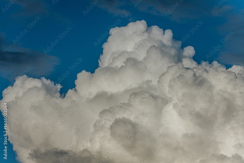 Naklejka premium A massive, billowing cumulonimbus cloud rises dramatically against a deep blue sky, showcasing layers, texture, and light shadow contrast.