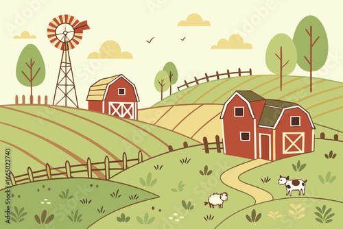 Charming countryside farm scene showcasing rural life with rolling hills, barns, windmill, and animals, perfect for illustrating wholesome living and agriculture