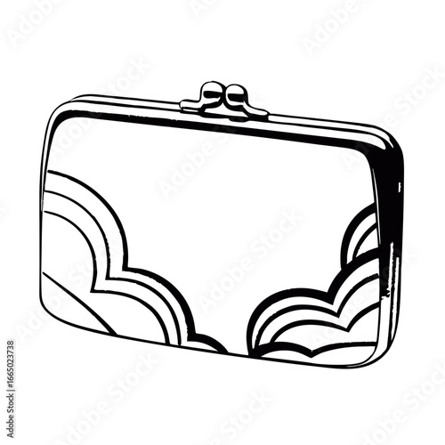 Clutch purse illustration with abstract cloud pattern - Black and white drawing of a rectangular clutch purse featuring a clasp closure and decorative abstract cloud-like pattern design.

