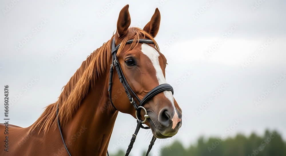 Obraz premium Close-up Portrait of a Beautiful Bay Horse with White Blaze and Bridle, Looking Serene Against a Soft, Blurred Sky
