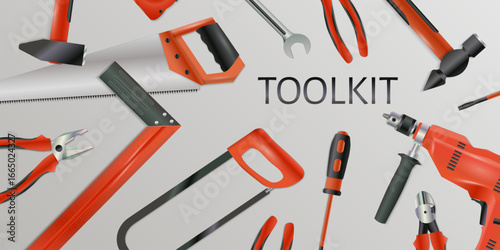 Repair tools. House construction equipment. Hardware instruments. Metal hammer and screwdriver. Carpentry workshop. Fixing calipers. Perforator for renovation. Vector toolkit background
