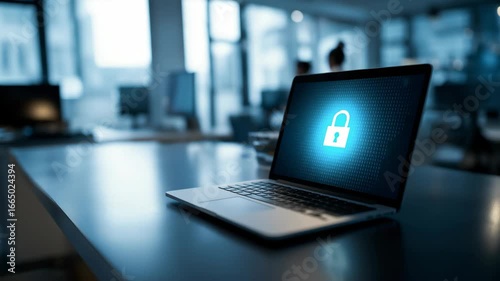 laptop screen showing lock symbol at modern office room 