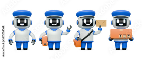 3D robot. Cute AI characters. Engineer mascot expression or facial friendly courier bot. Artificial intelligence technology. Postal kawaii assistant. Mail delivery. Vector androids set