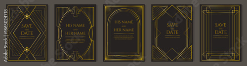 Gatsby frame. Gold art deco invite card. Elegant luxury border design. Decorative vintage lines. Marriage ceremony celebration. Wedding invitation. Vector retro poster templates set