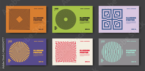 Shape patterns. Graphic illusion. Abstract line background with sun optical spirals. Psychedelic art texture. Minimal geometric forms. Hypnotic swirl. Vector design posters templates set